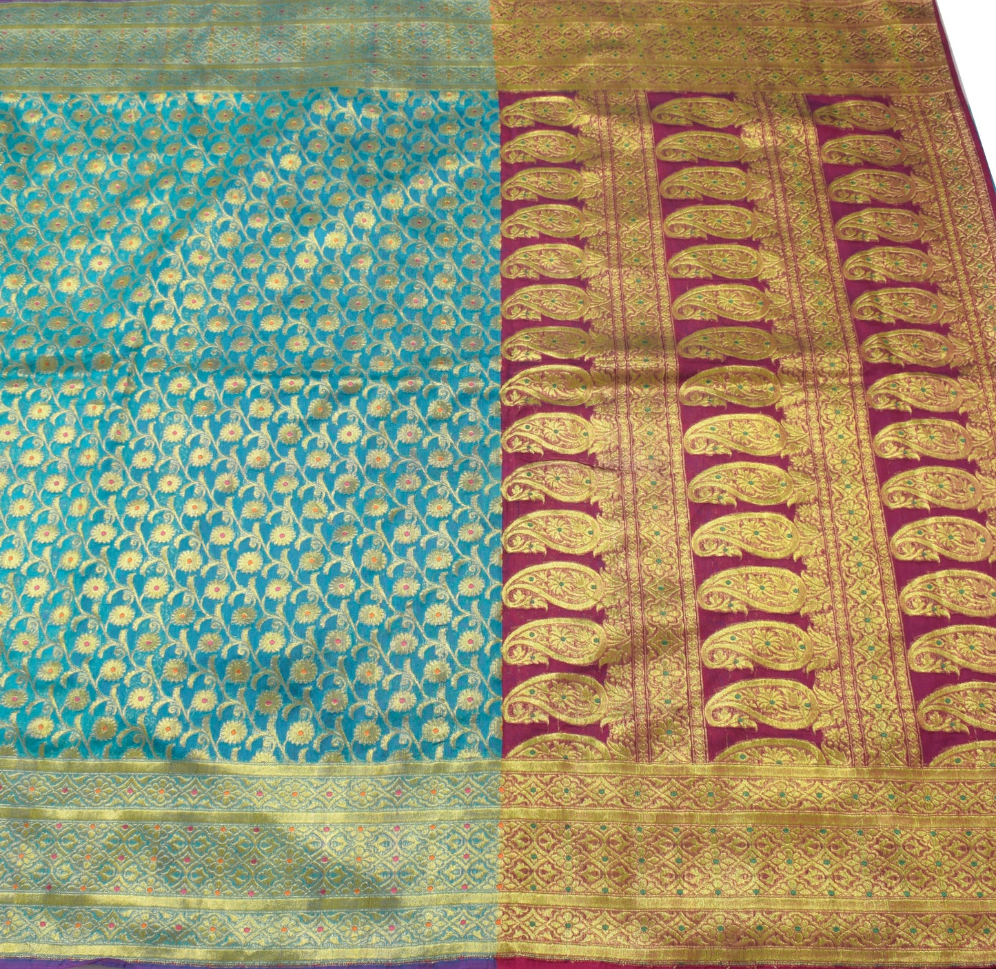 Sushila Vintage Turquoise Blue Saree Art Silk Banarasi Brocade Floral Sari