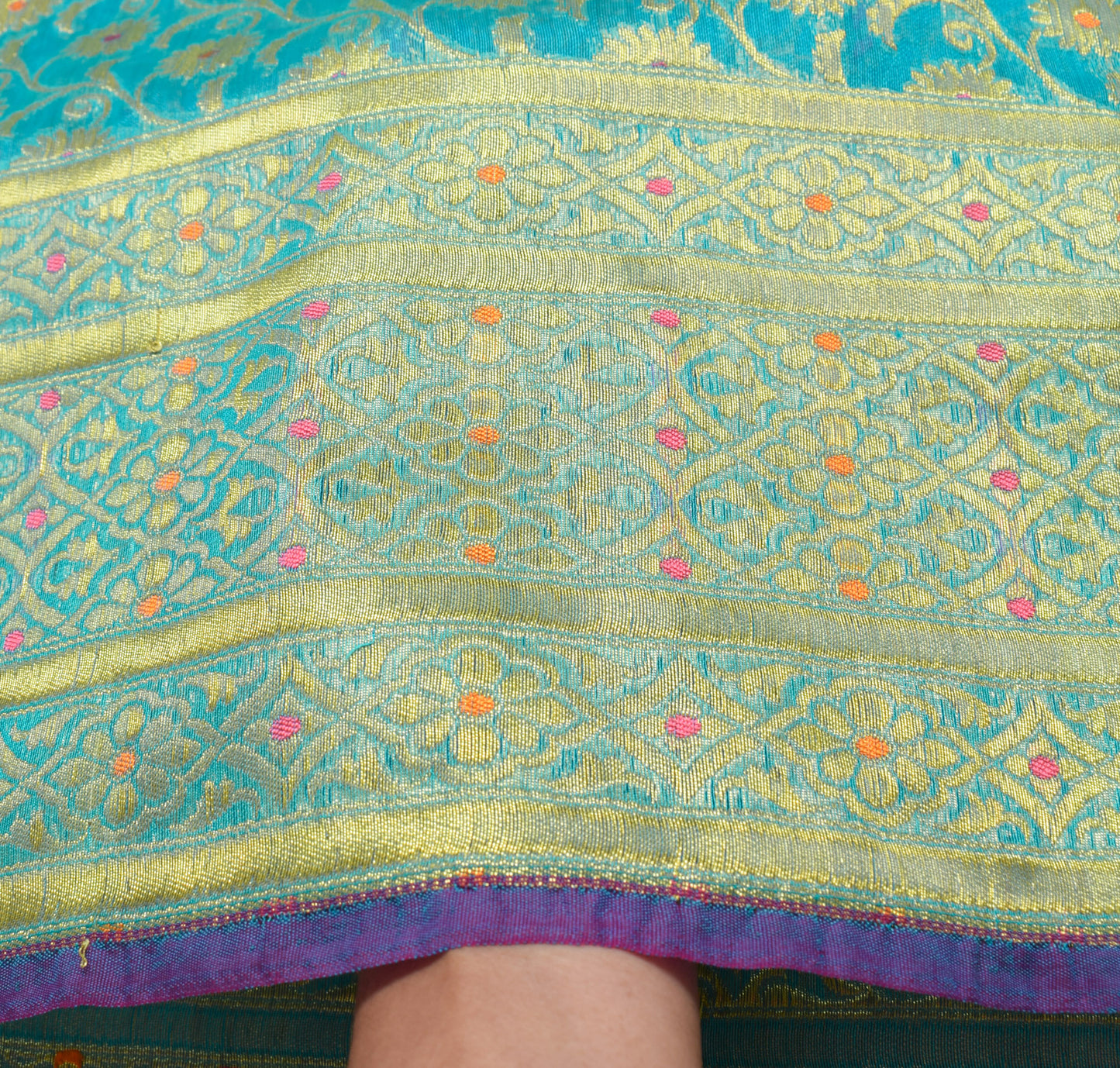 Sushila Vintage Turquoise Blue Saree Art Silk Banarasi Brocade Floral Sari