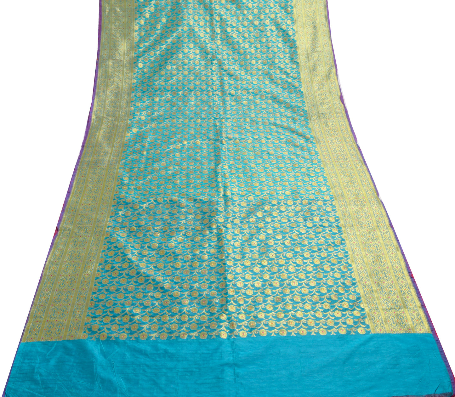 Sushila Vintage Turquoise Blue Saree Art Silk Banarasi Brocade Floral Sari