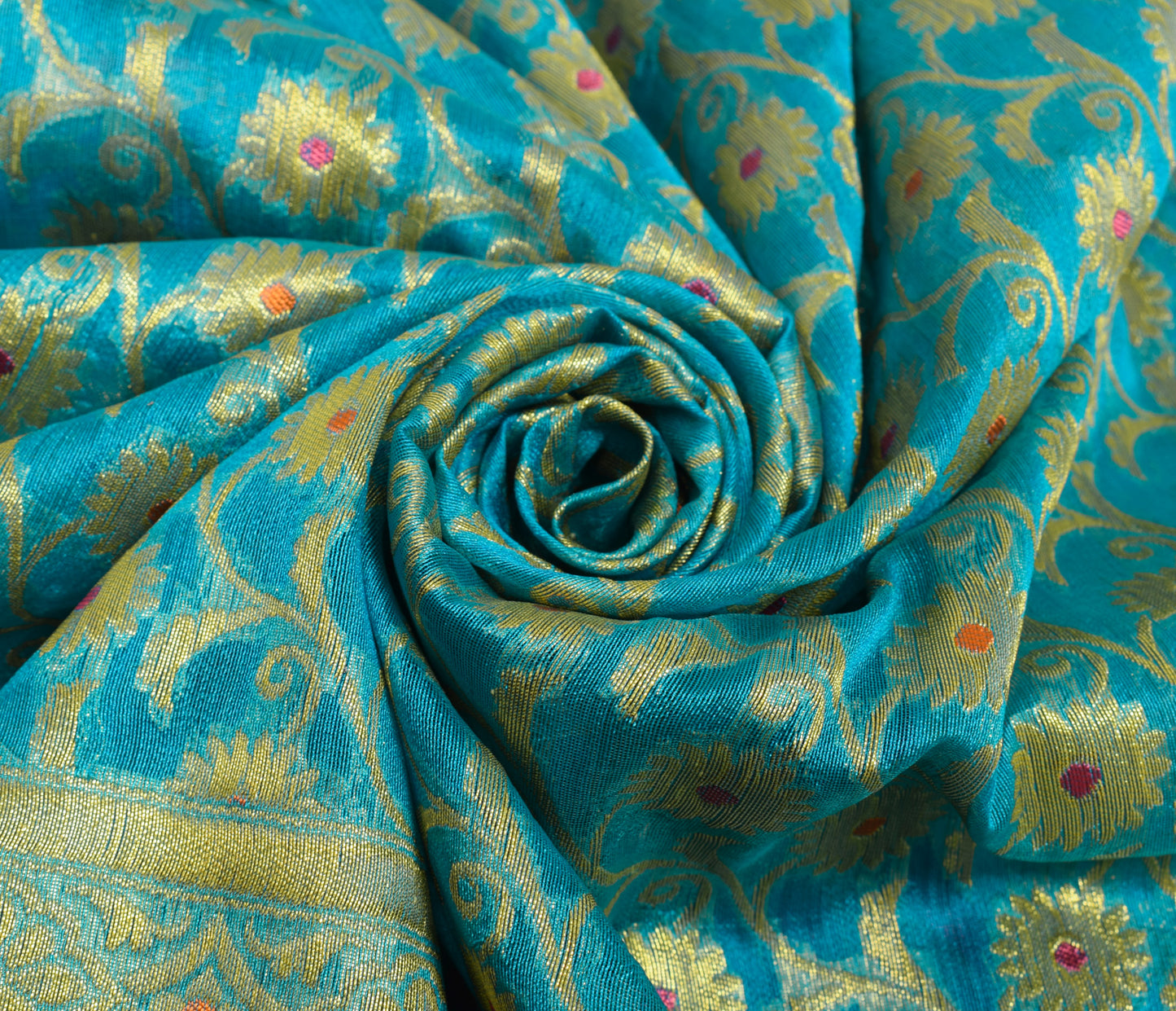 Sushila Vintage Turquoise Blue Saree Art Silk Banarasi Brocade Floral Sari