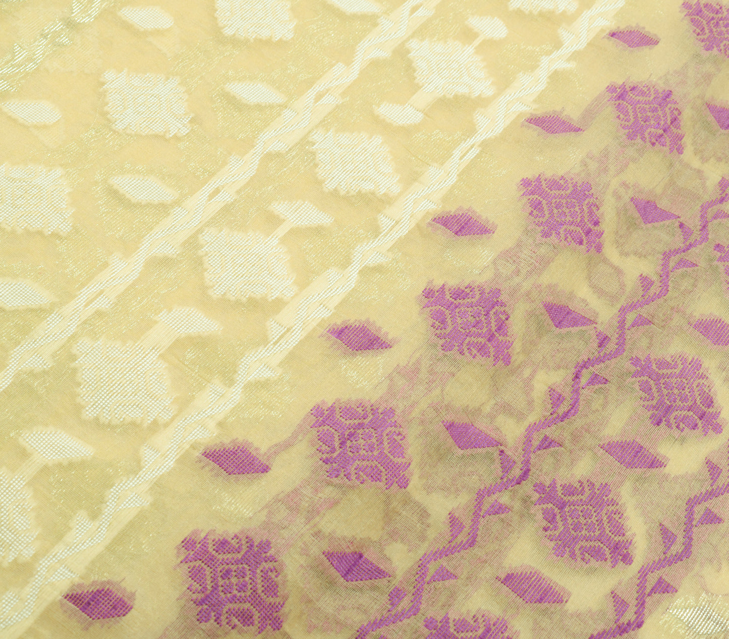 Sushila Vintage Cream Saree Blend Silk All Over Woven Floral Sari Craft Fabric