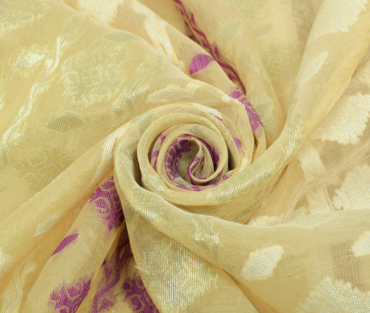 Sushila Vintage Cream Saree Blend Silk All Over Woven Floral Sari Craft Fabric