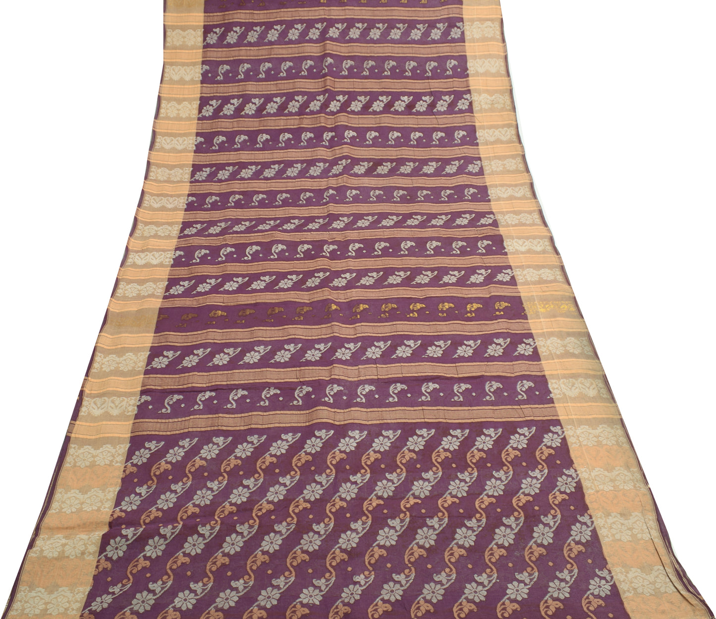 Sushila Vintage Purple Indian Saree 100% Pure Cotton Woven Floral Sari Fabric