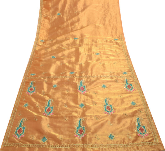 Sushila Vintage Golden Indian Saree Blend Tissue Hand Beaded Paisley Sari Fabric