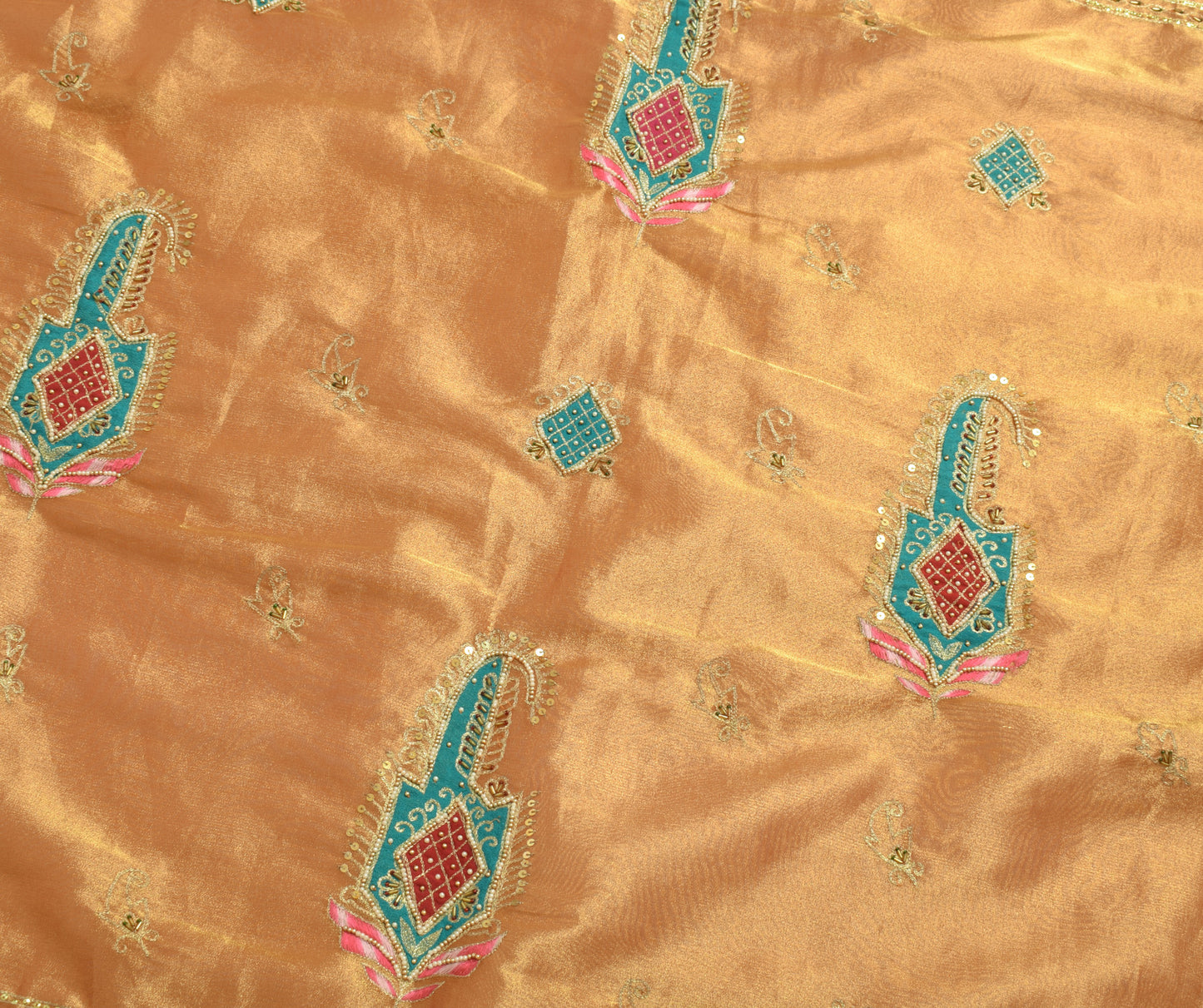 Sushila Vintage Golden Indian Saree Blend Tissue Hand Beaded Paisley Sari Fabric