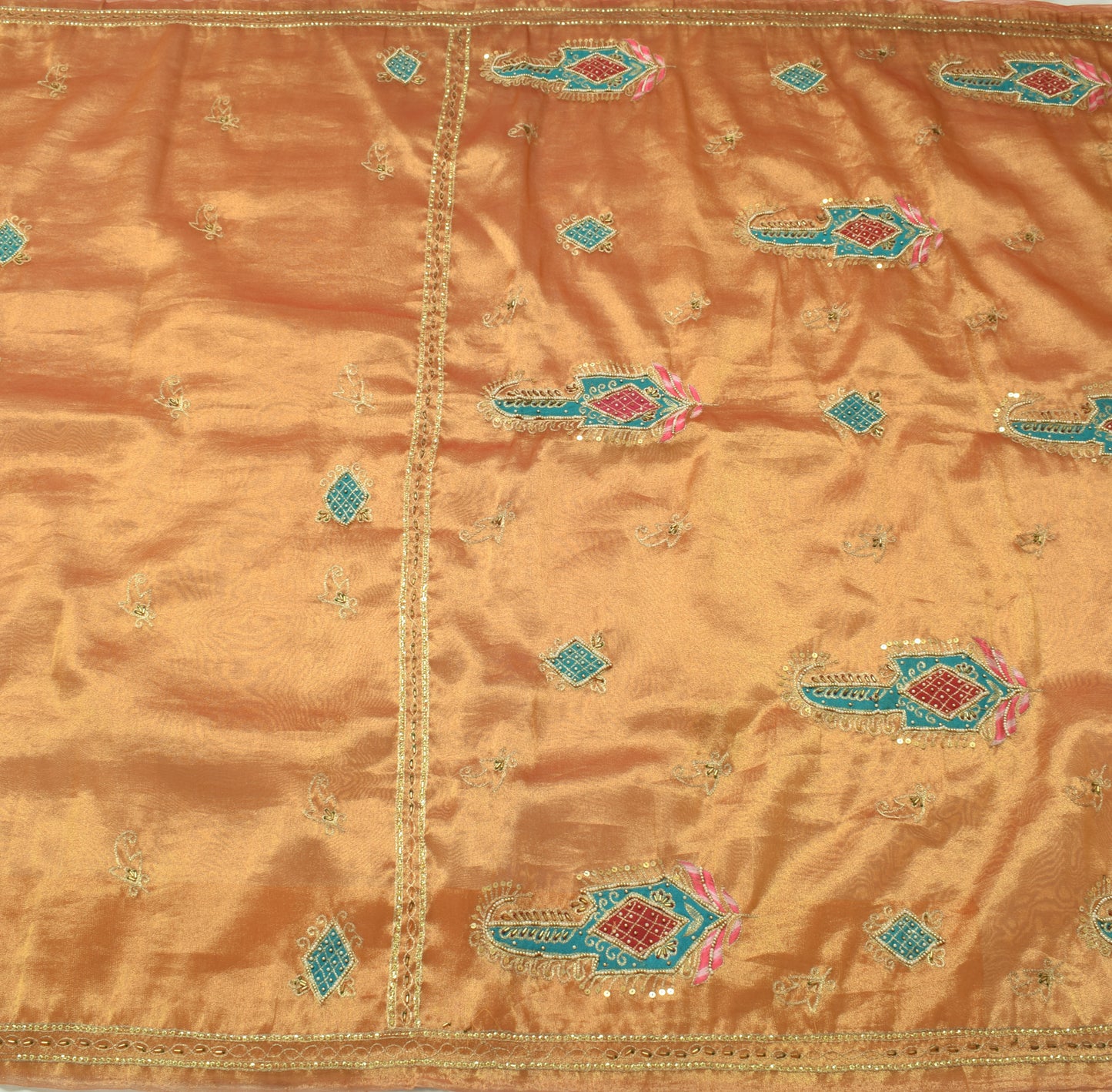 Sushila Vintage Golden Indian Saree Blend Tissue Hand Beaded Paisley Sari Fabric