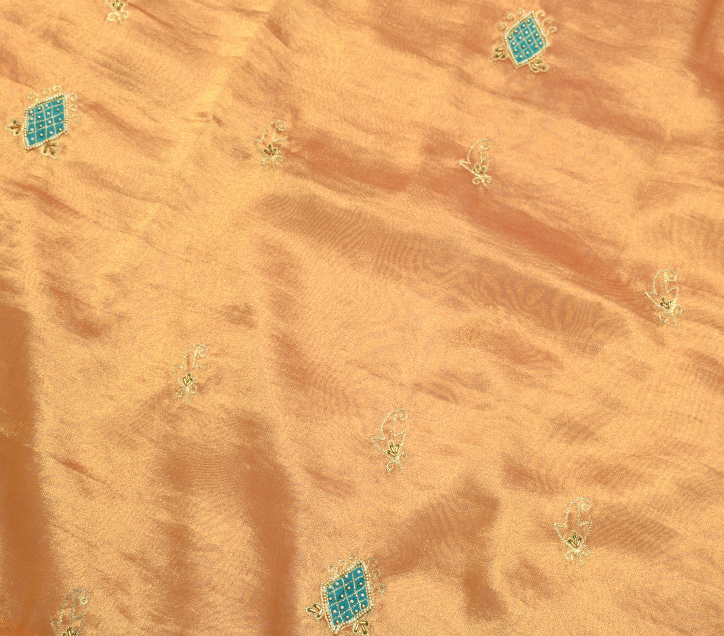 Sushila Vintage Golden Indian Saree Blend Tissue Hand Beaded Paisley Sari Fabric