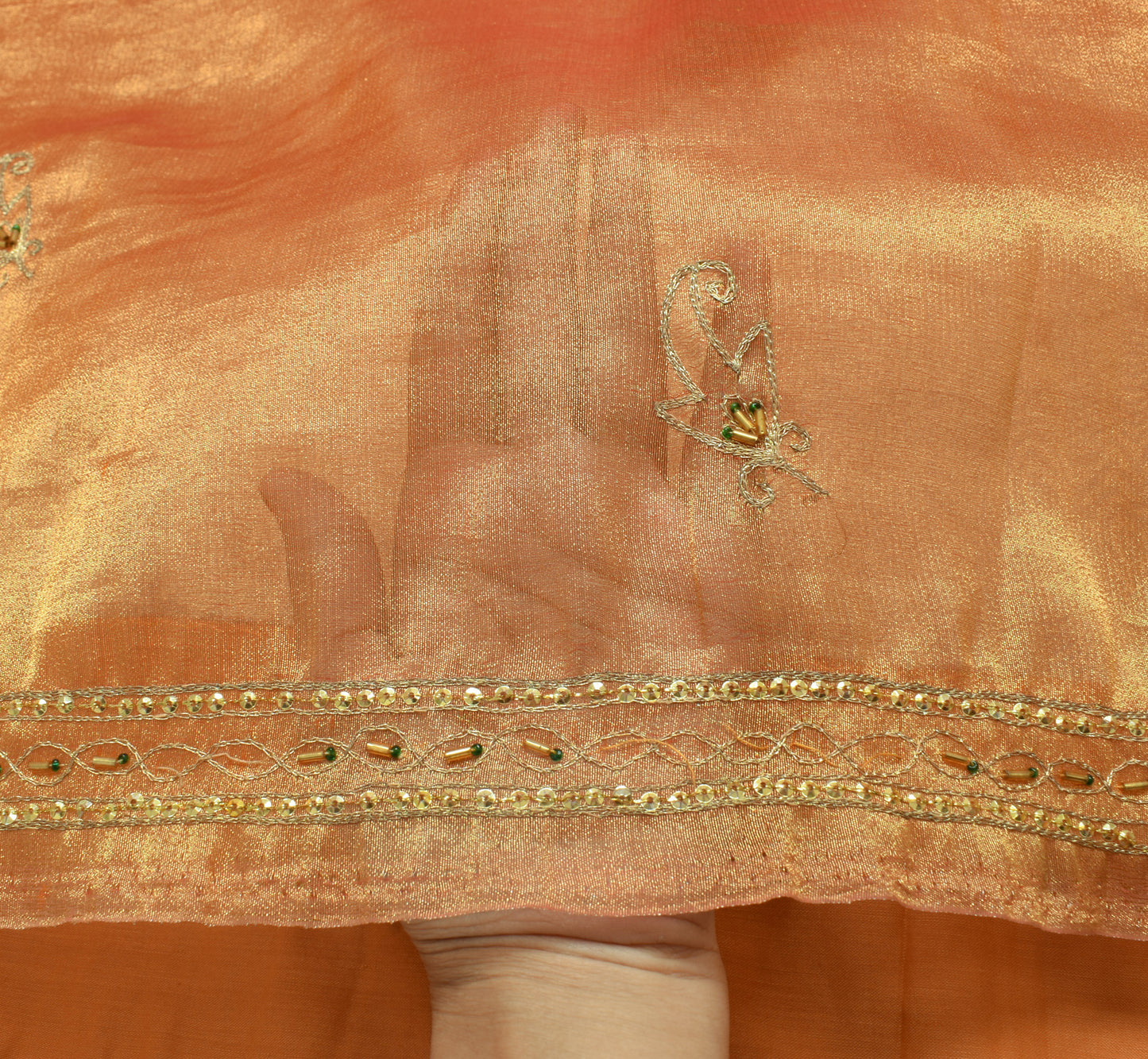 Sushila Vintage Golden Indian Saree Blend Tissue Hand Beaded Paisley Sari Fabric