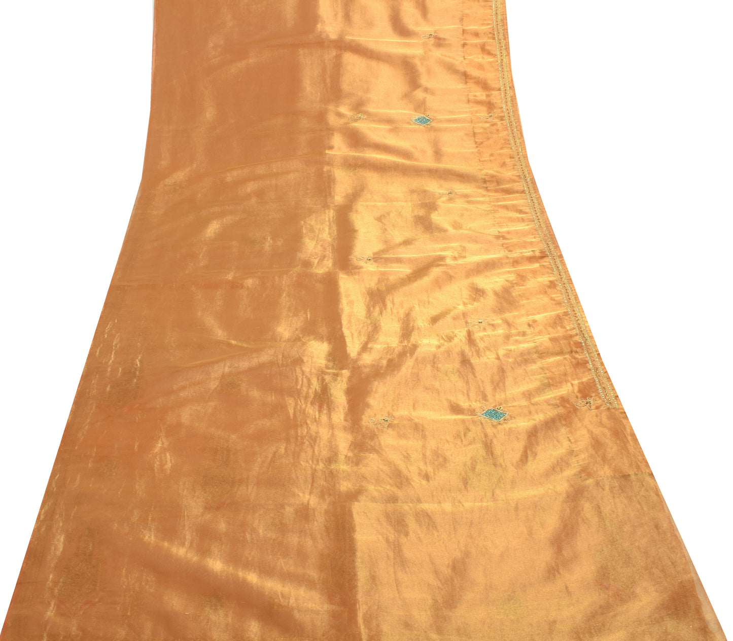 Sushila Vintage Golden Indian Saree Blend Tissue Hand Beaded Paisley Sari Fabric