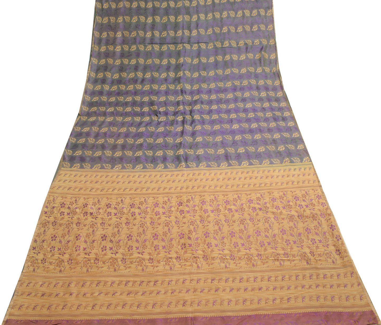 Sushila Vintage Green & Purple Saree 100% Pure Silk Floral Woven Sari Fabric