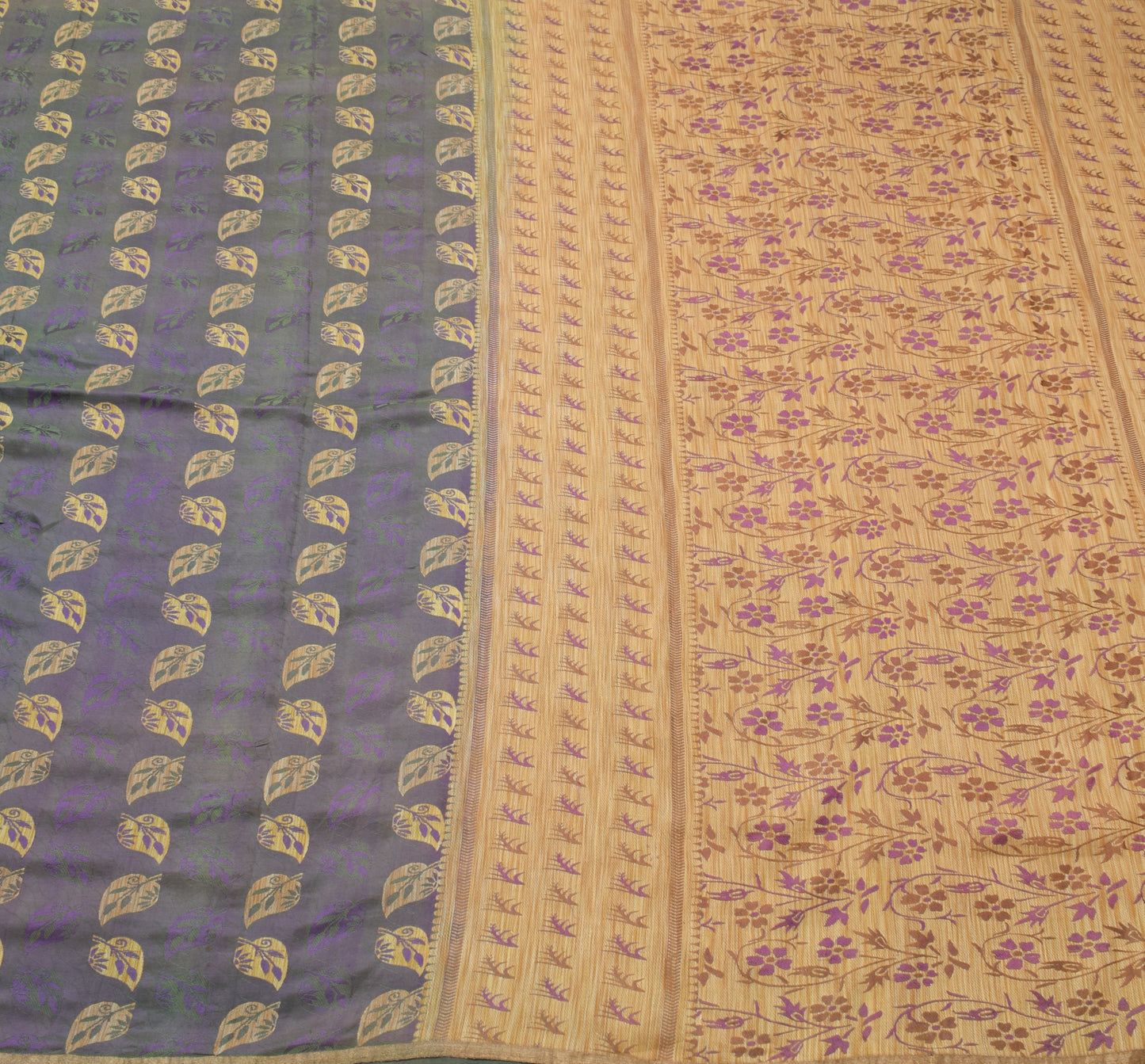 Sushila Vintage Green & Purple Saree 100% Pure Silk Floral Woven Sari Fabric