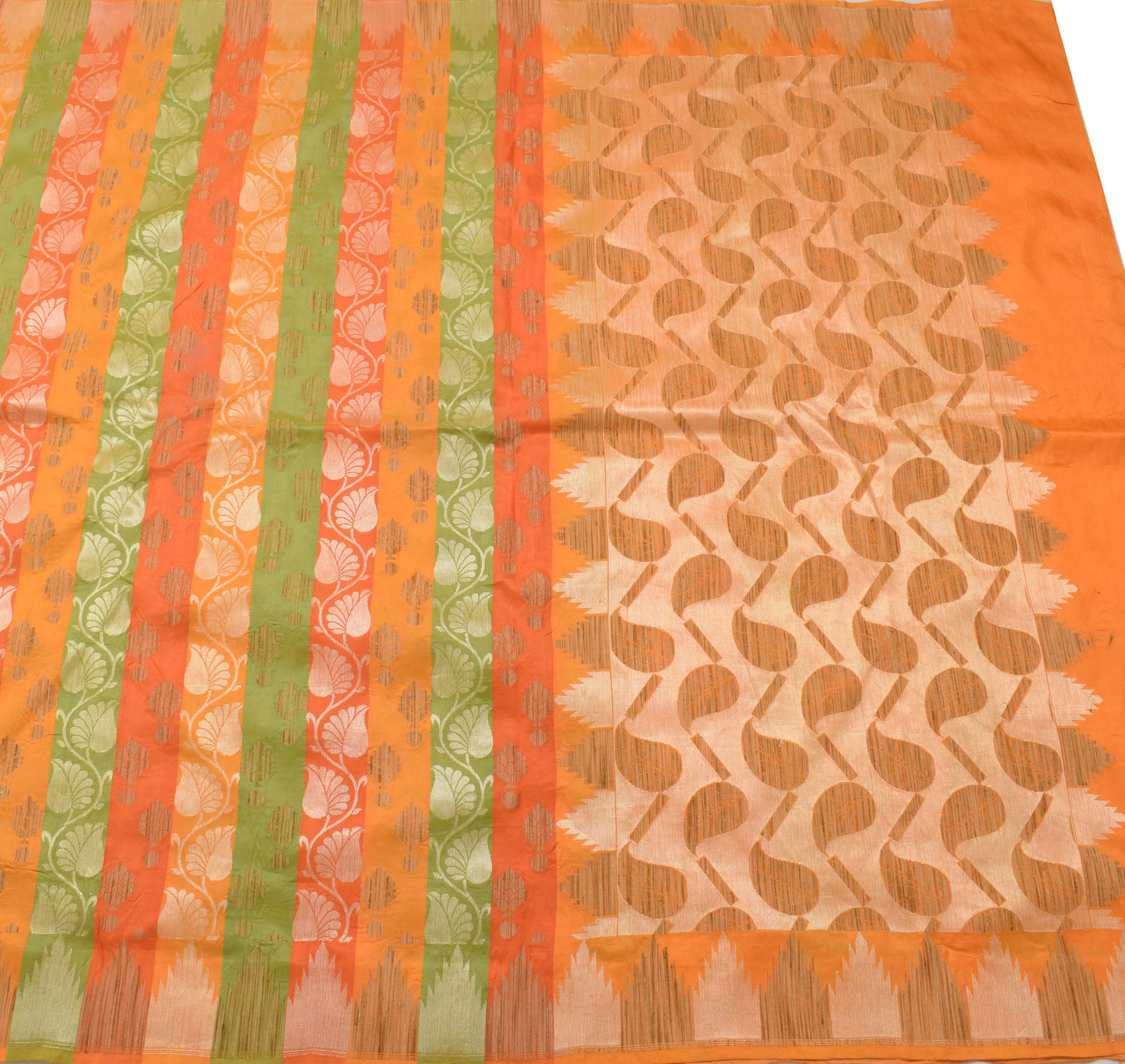 Sushila Vintage Orange Saree 100% Pure Silk Woven Paisley Sari Craft Fabric