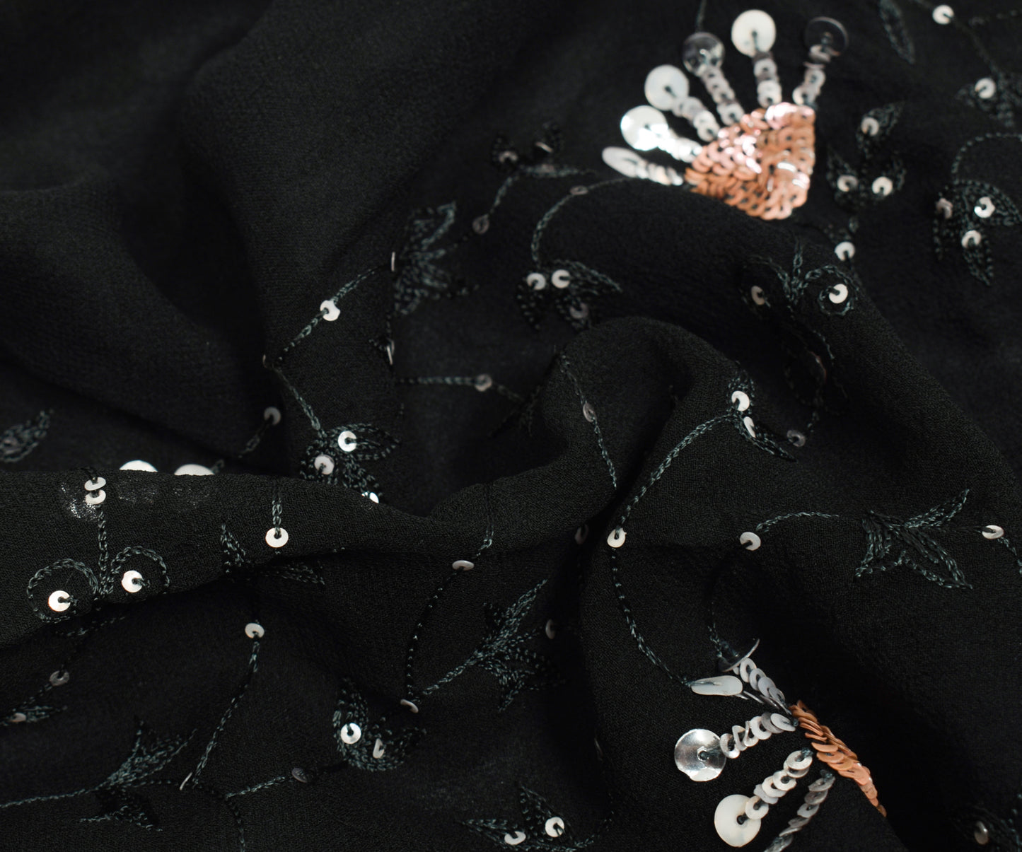 Sushila Vintage Black Saree 100% Pure Georgette Silk Hand Beaded Sari Fabric