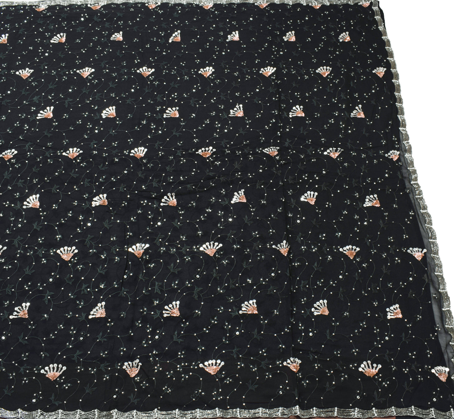 Sushila Vintage Black Saree 100% Pure Georgette Silk Hand Beaded Sari Fabric