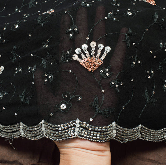 Sushila Vintage Black Saree 100% Pure Georgette Silk Hand Beaded Sari Fabric