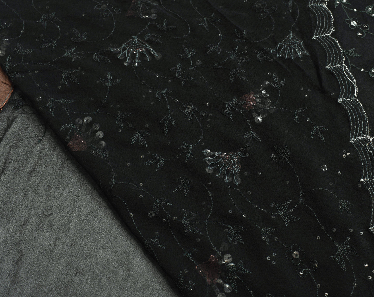 Sushila Vintage Black Saree 100% Pure Georgette Silk Hand Beaded Sari Fabric