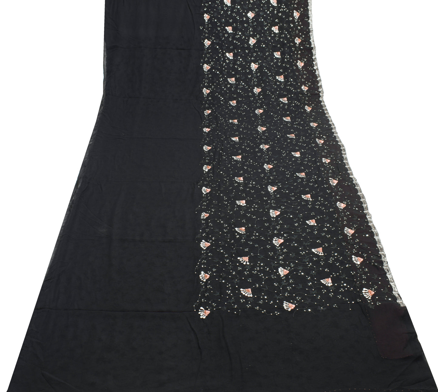 Sushila Vintage Black Saree 100% Pure Georgette Silk Hand Beaded Sari Fabric