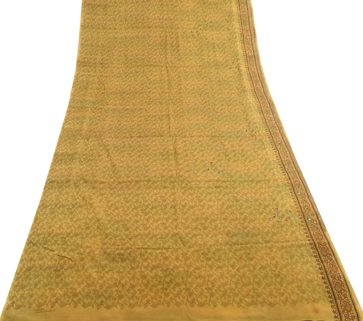 Sushila Vintage Green Branded Saree 100% Pure Silk Hand Beaded Sari Craft Fabric