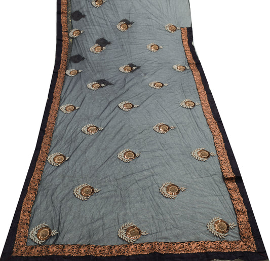 Sushila Vintage Black Net Mesh Indian Saree Pearl Beads Embellish Floral Sari Craft Fabric