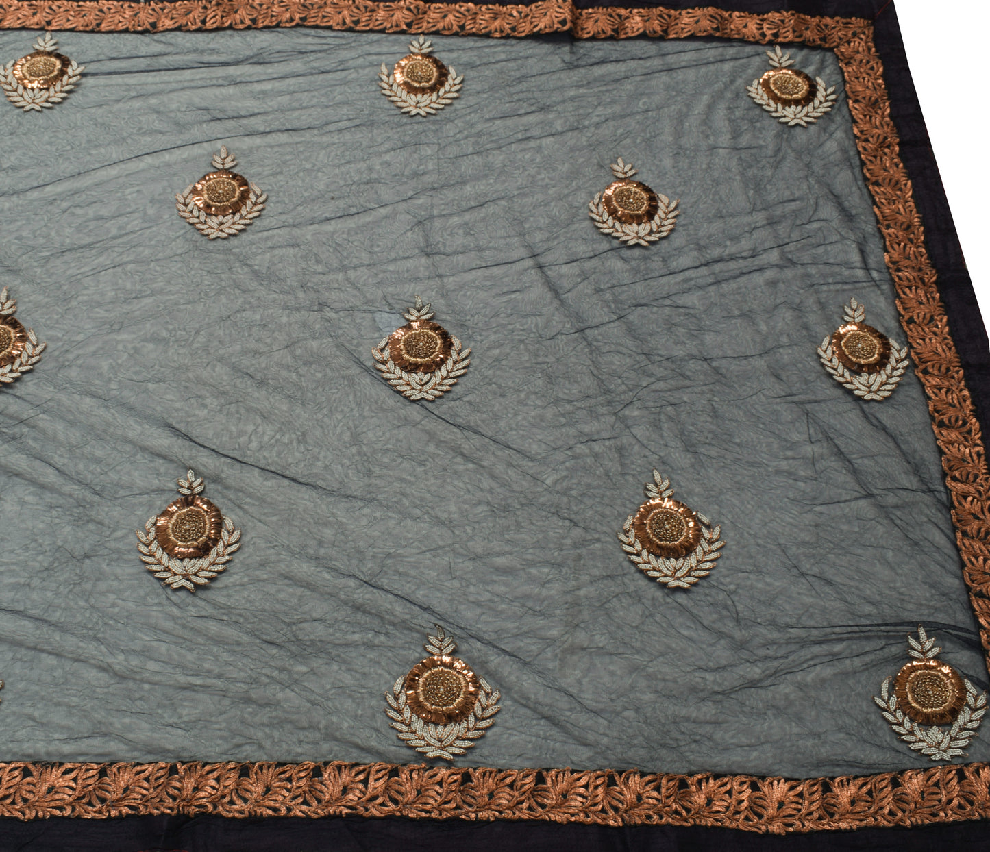 Sushila Vintage Black Net Mesh Indian Saree Pearl Beads Embellish Floral Sari Craft Fabric