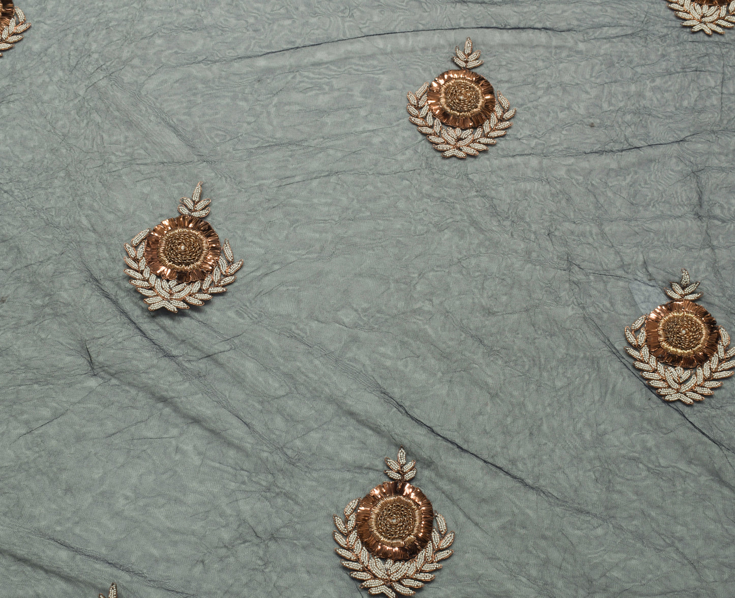 Sushila Vintage Black Net Mesh Indian Saree Pearl Beads Embellish Floral Sari Craft Fabric
