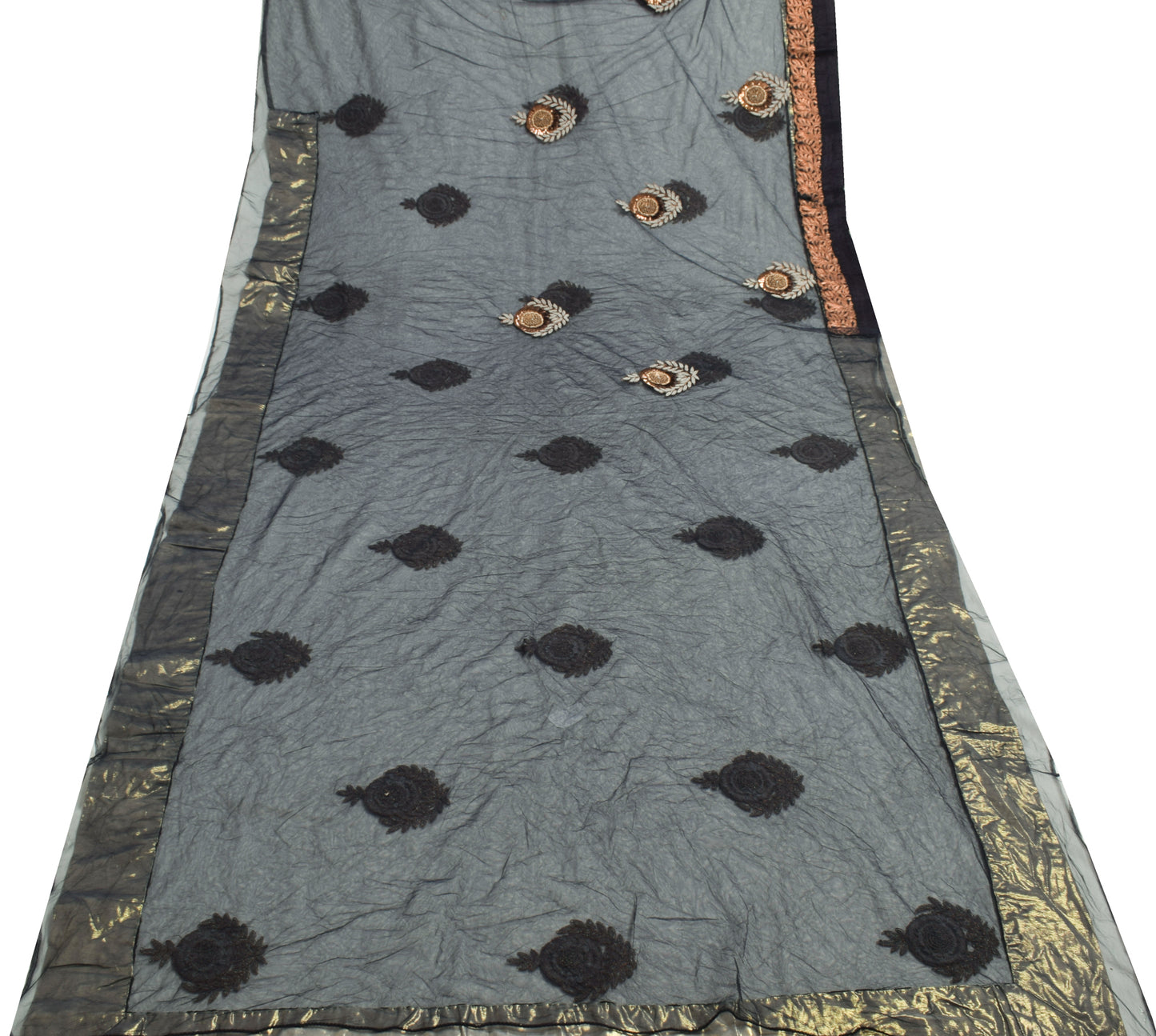 Sushila Vintage Black Net Mesh Indian Saree Pearl Beads Embellish Floral Sari Craft Fabric