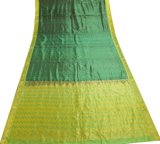 Sushila Vintage Green Saree 100% Pure Silk All Over Woven Floral Sari Fabric