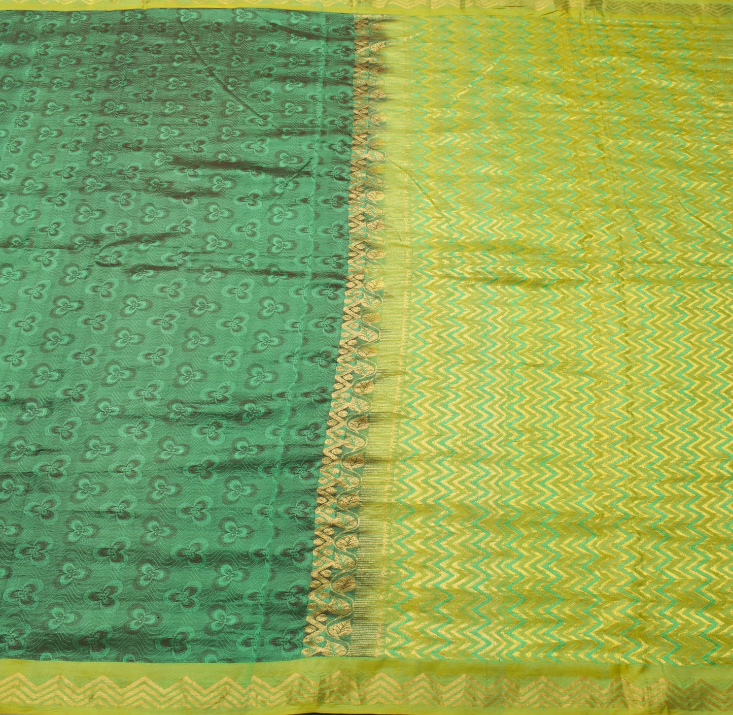 Sushila Vintage Green Saree 100% Pure Silk All Over Woven Floral Sari Fabric