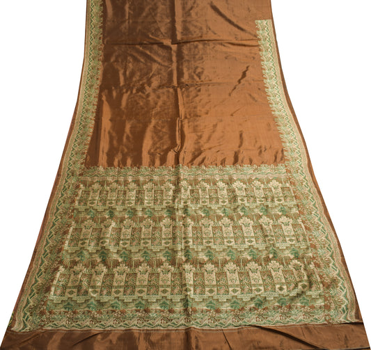 Sushila Vintage Brown Indian Saree 100% Pure Silk Woven Soft Sari Craft Fabric