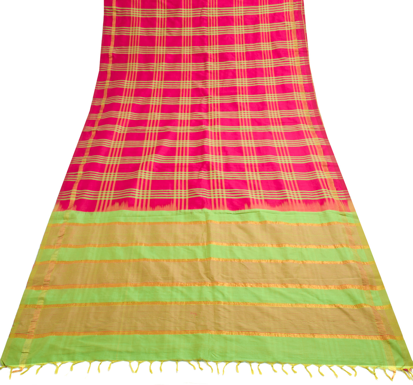 Sushila Vintage Magenta Saree 100% Pure Cotton Silk Checks Woven Sari Fabric