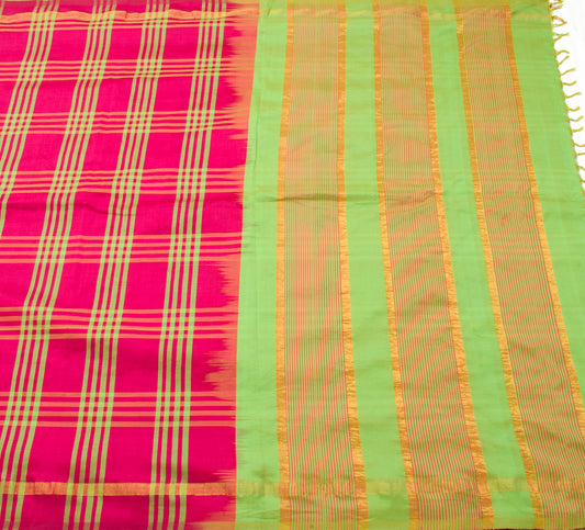 Sushila Vintage Magenta Saree 100% Pure Cotton Silk Checks Woven Sari Fabric