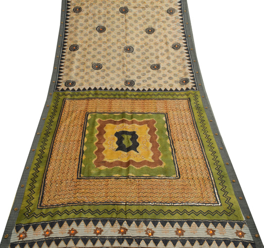 Sushila Vintage Gray Saree 100% Pure Woolen Hand Beaded Floral Sari Craft Fabric