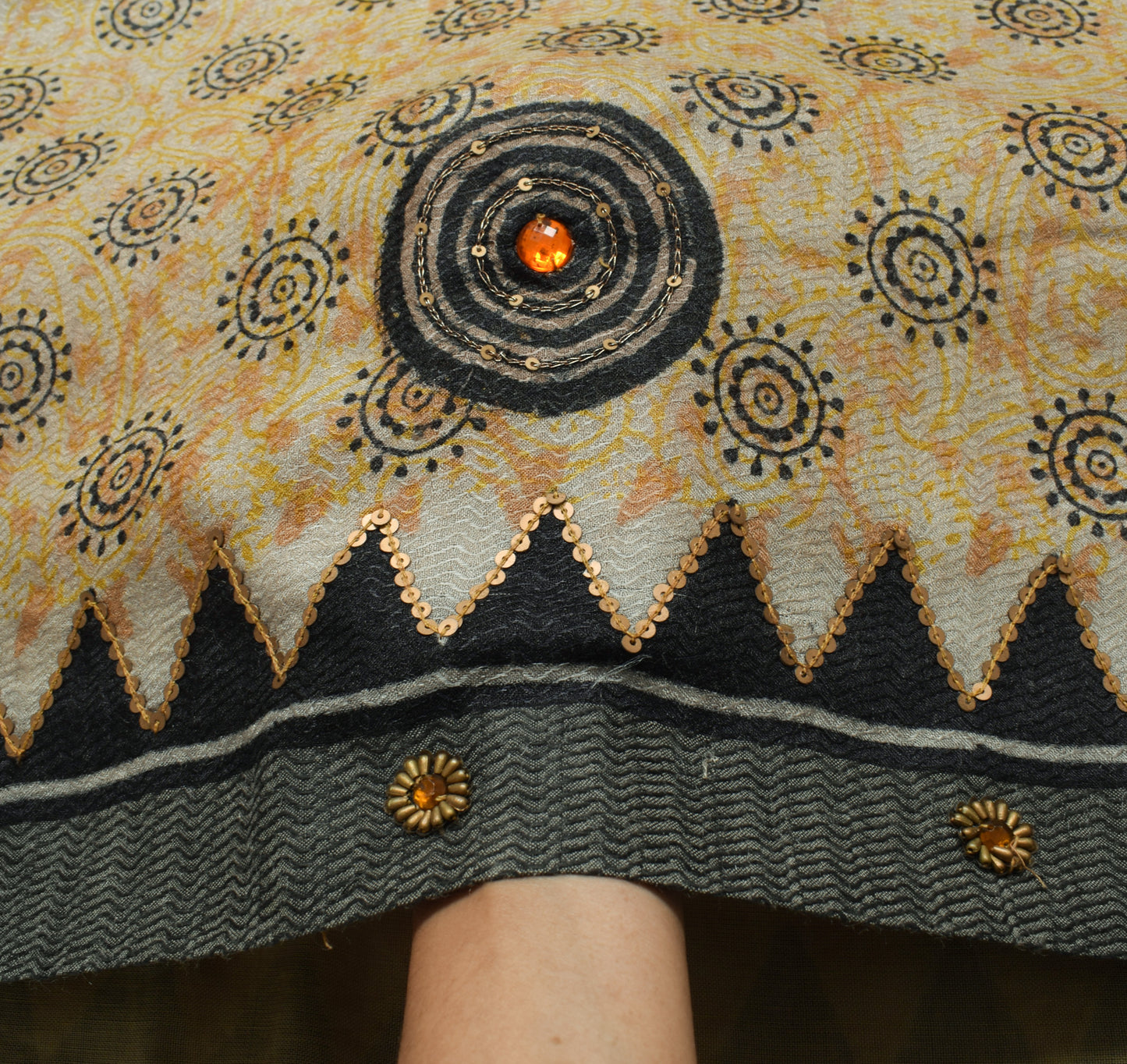 Sushila Vintage Gray Saree 100% Pure Woolen Hand Beaded Floral Sari Craft Fabric