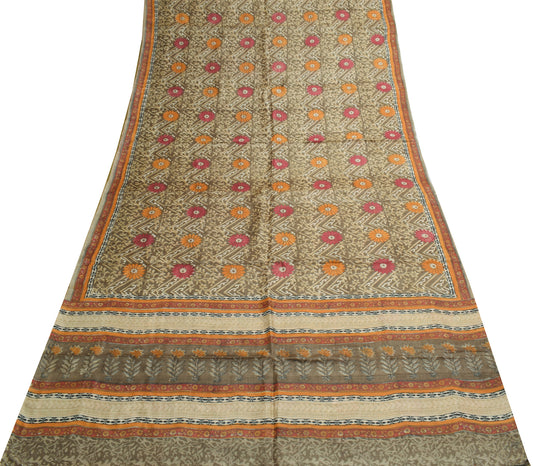 Sushila Vintage Gray Saree 100% Pure Silk Hand Block Printed Branded Sari Fabric