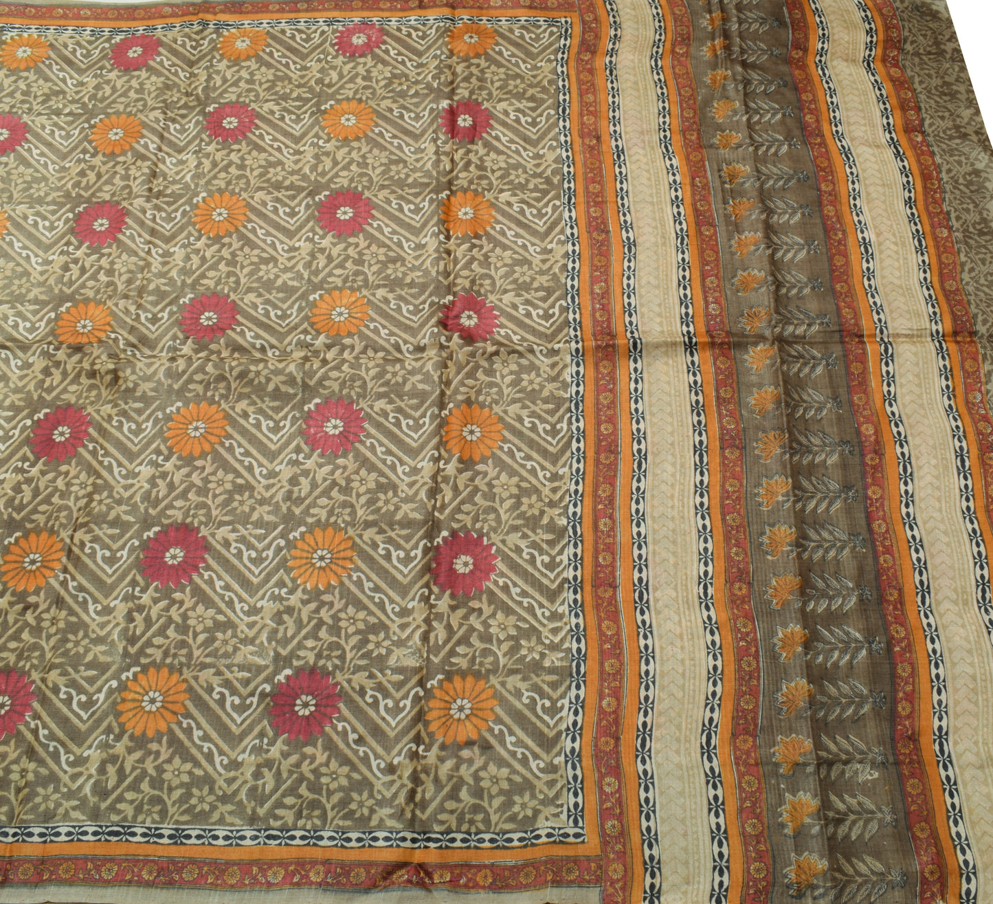 Sushila Vintage Gray Saree 100% Pure Silk Hand Block Printed Branded Sari Fabric
