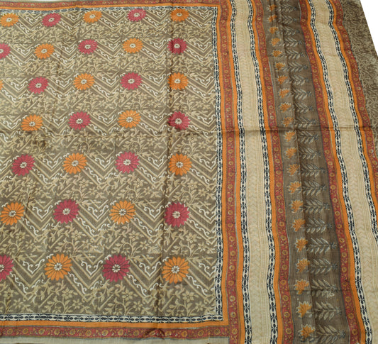 Sushila Vintage Gray Saree 100% Pure Silk Hand Block Printed Branded Sari Fabric