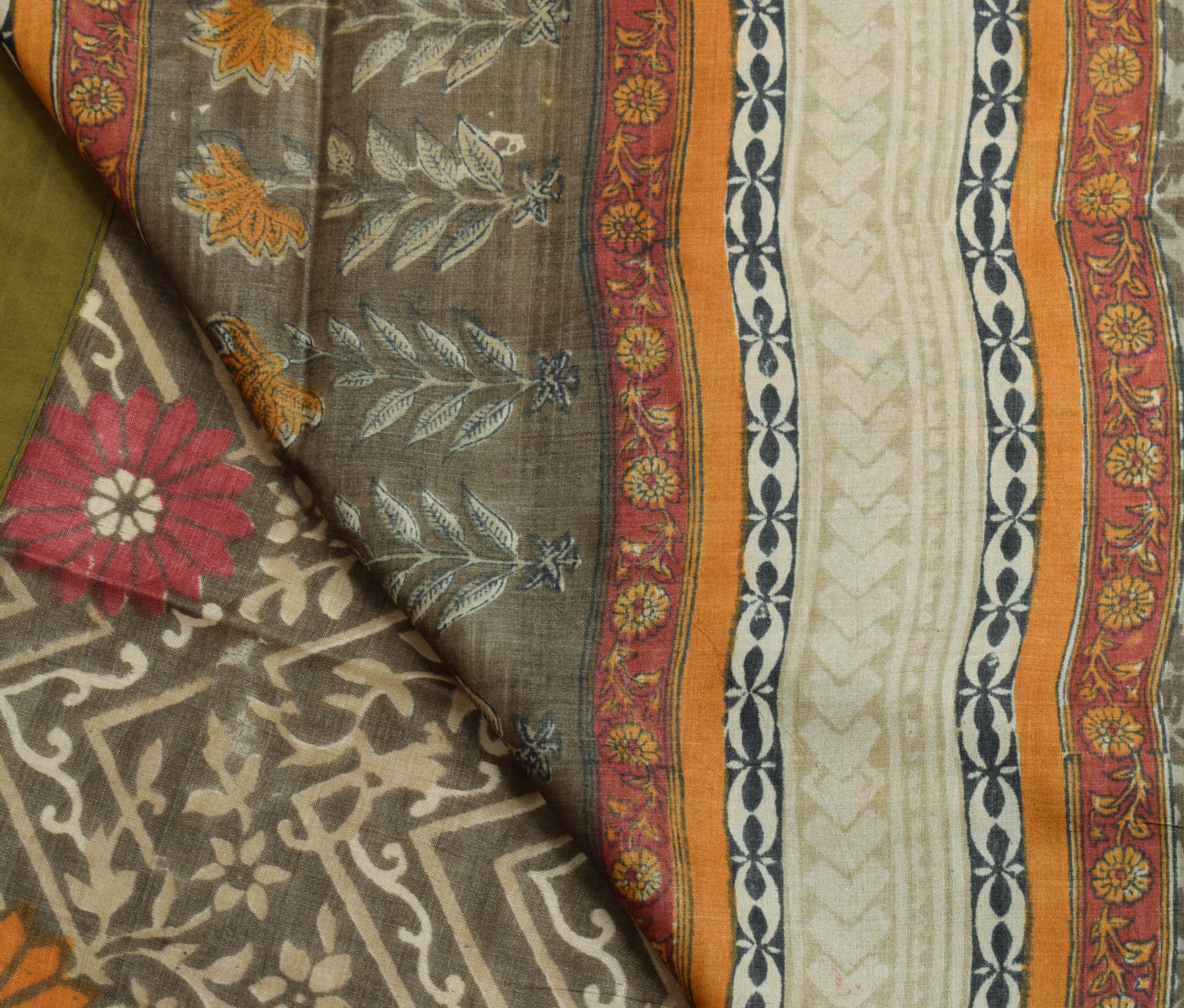 Sushila Vintage Gray Saree 100% Pure Silk Hand Block Printed Branded Sari Fabric