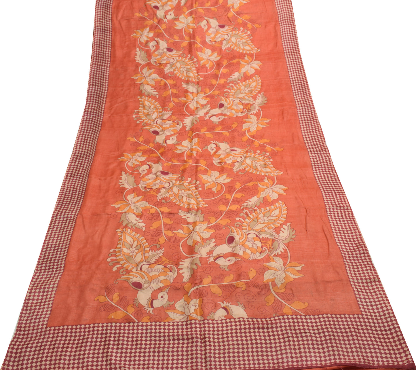 Sushila Vintage Peach Saree 100% Pure Silk Kalamkari Printed Sari Craft Fabric