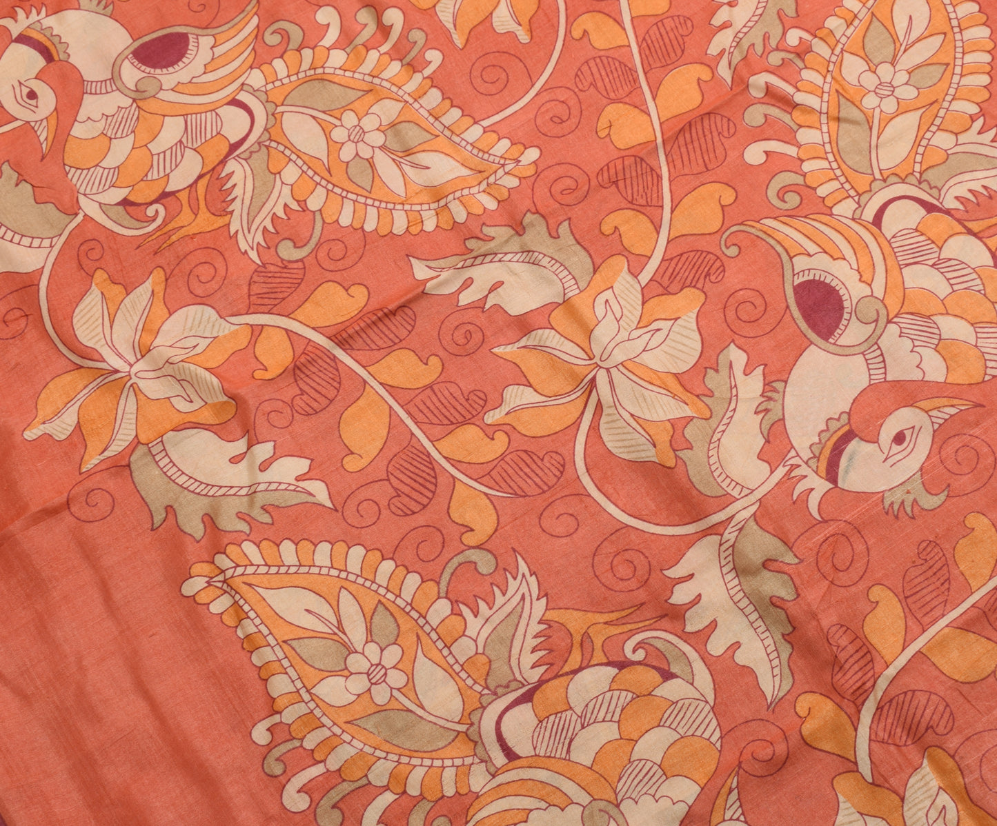 Sushila Vintage Peach Saree 100% Pure Silk Kalamkari Printed Sari Craft Fabric
