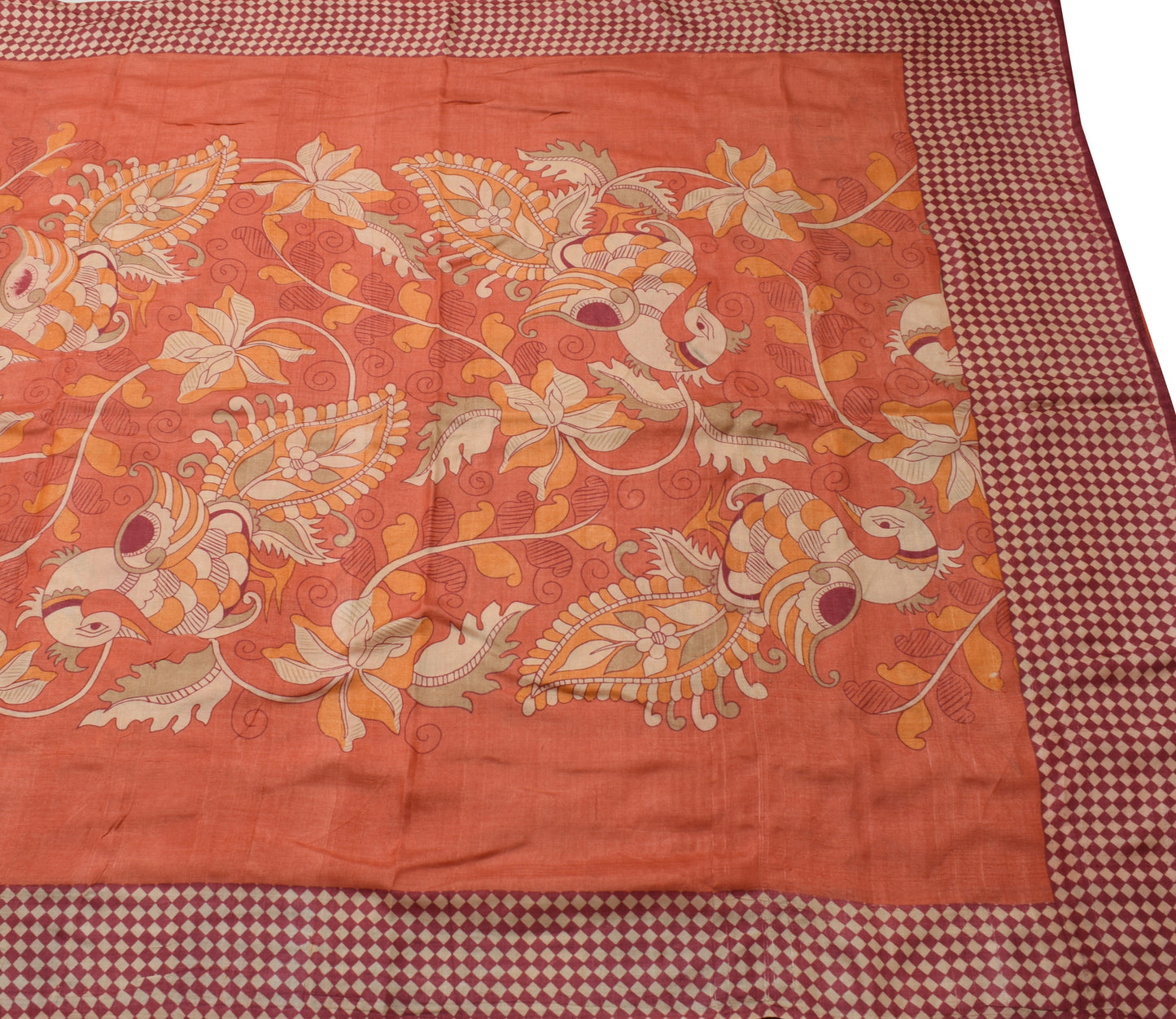 Sushila Vintage Peach Saree 100% Pure Silk Kalamkari Printed Sari Craft Fabric