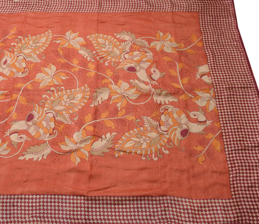 Sushila Vintage Peach Saree 100% Pure Silk Kalamkari Printed Sari Craft Fabric