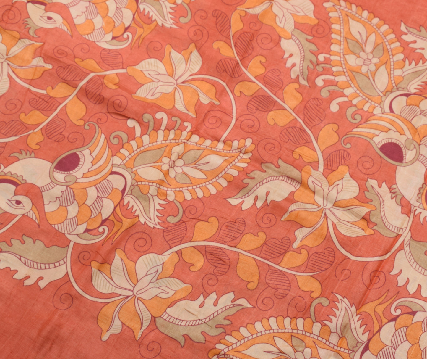 Sushila Vintage Peach Saree 100% Pure Silk Kalamkari Printed Sari Craft Fabric