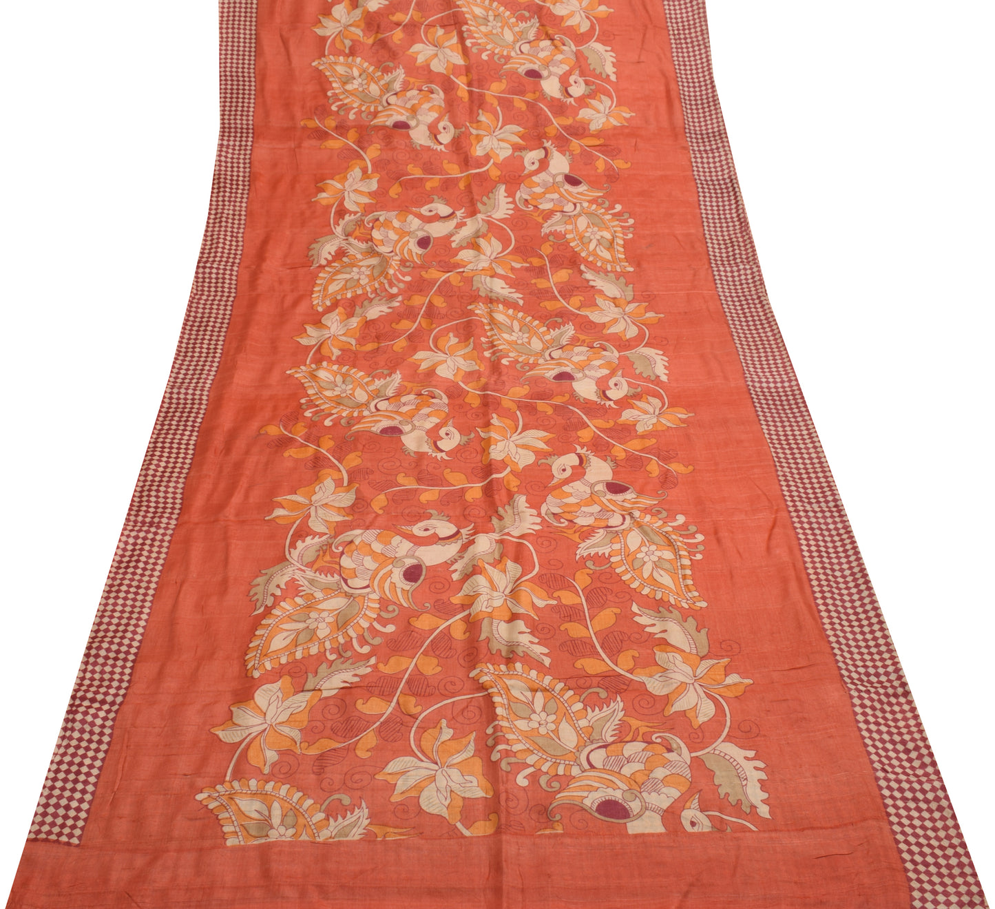 Sushila Vintage Peach Saree 100% Pure Silk Kalamkari Printed Sari Craft Fabric