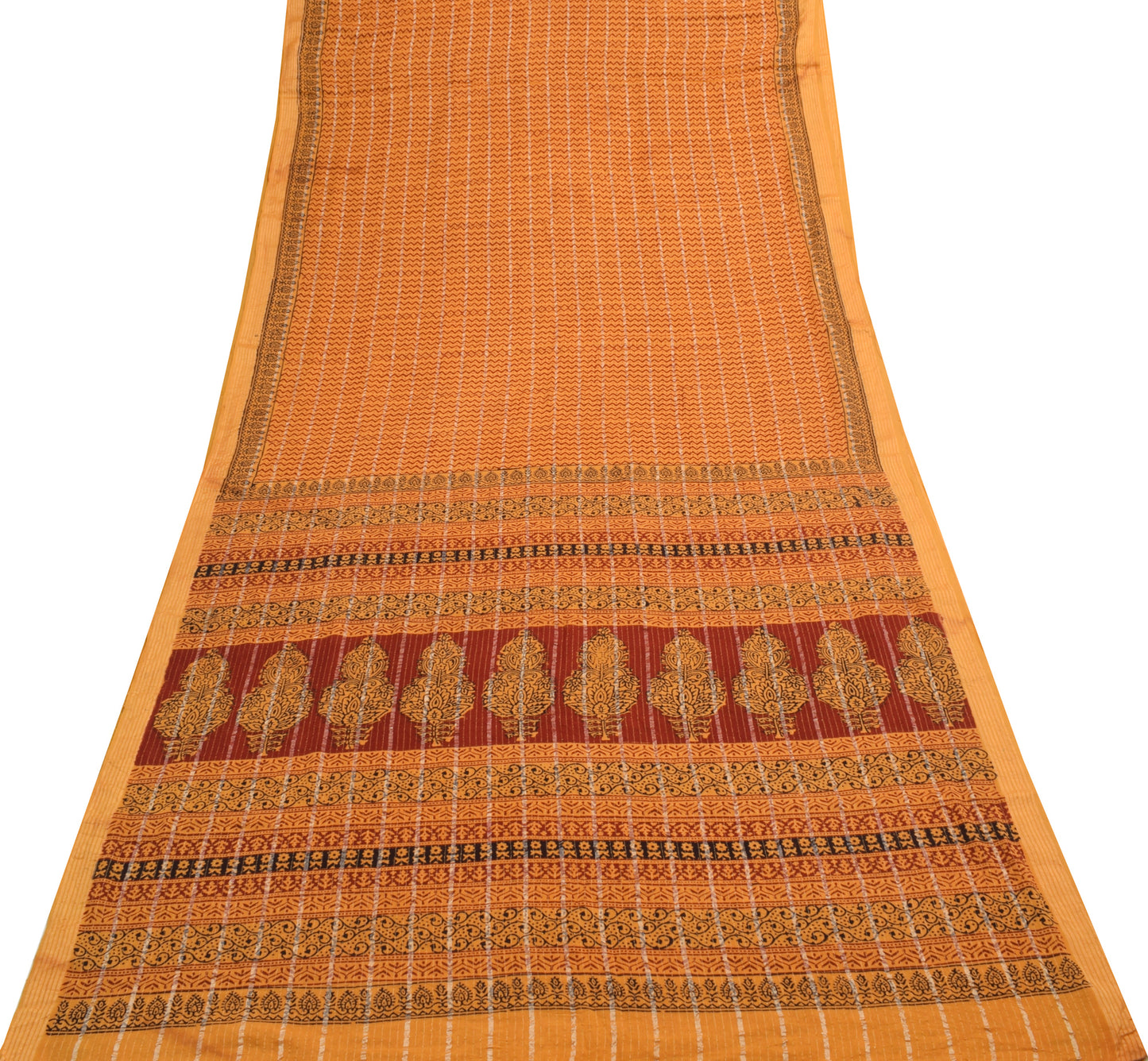 Sushila Vintage Mustard Saree 100% Pure Cotton Hand Block Printed Sari Fabric