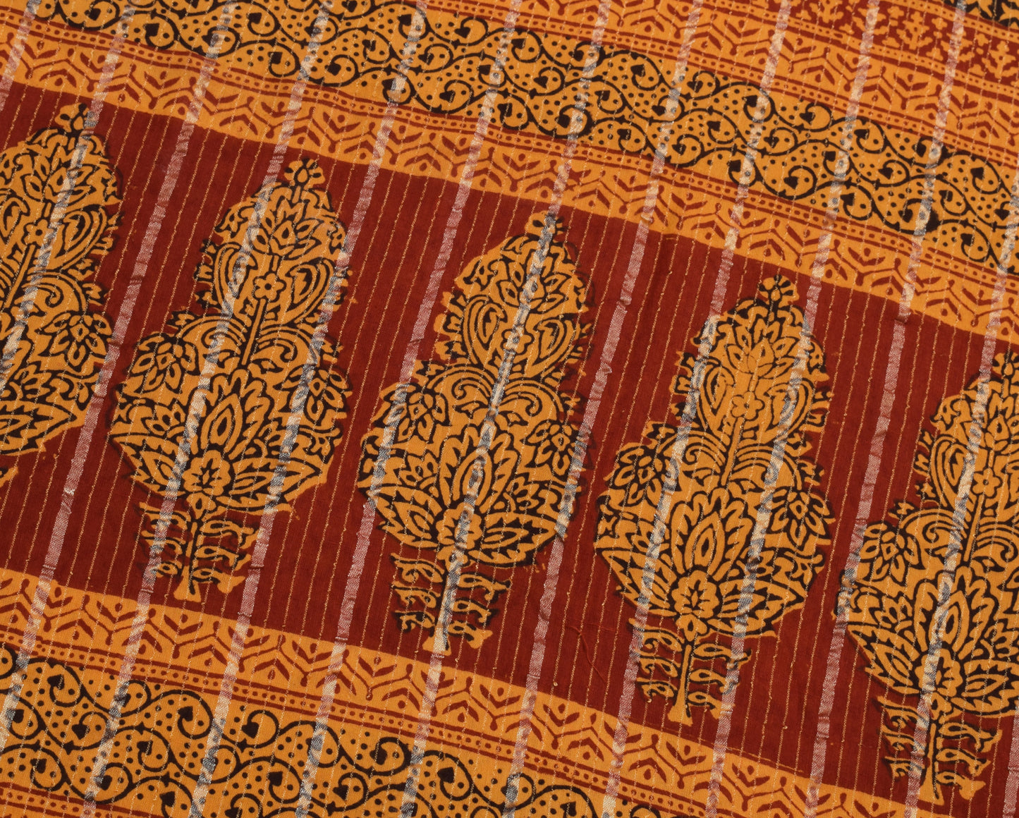 Sushila Vintage Mustard Saree 100% Pure Cotton Hand Block Printed Sari Fabric