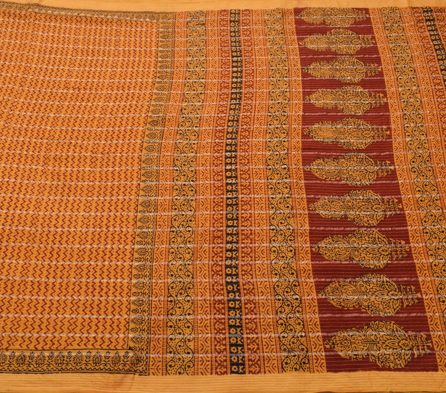 Sushila Vintage Mustard Saree 100% Pure Cotton Hand Block Printed Sari Fabric