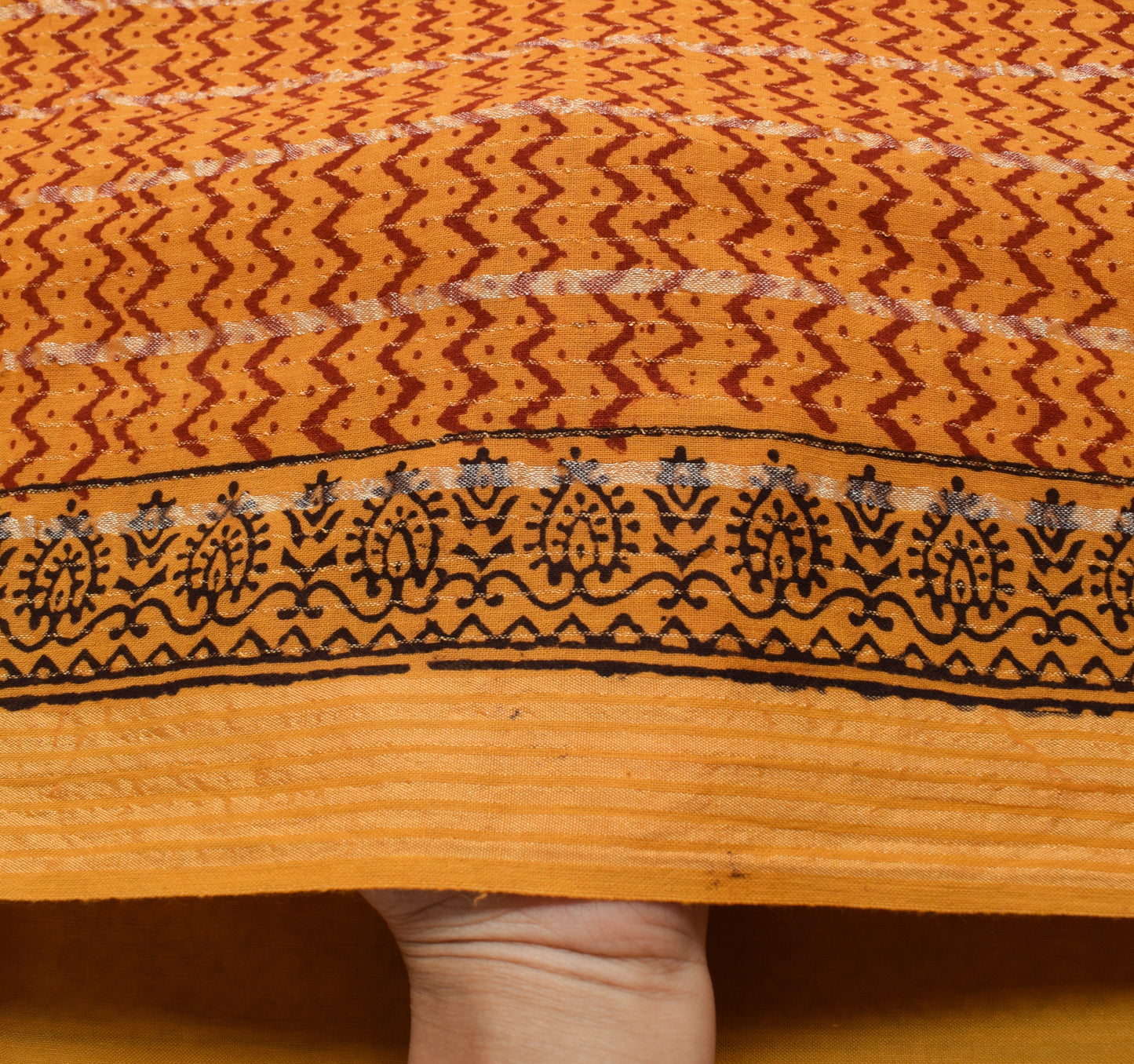 Sushila Vintage Mustard Saree 100% Pure Cotton Hand Block Printed Sari Fabric
