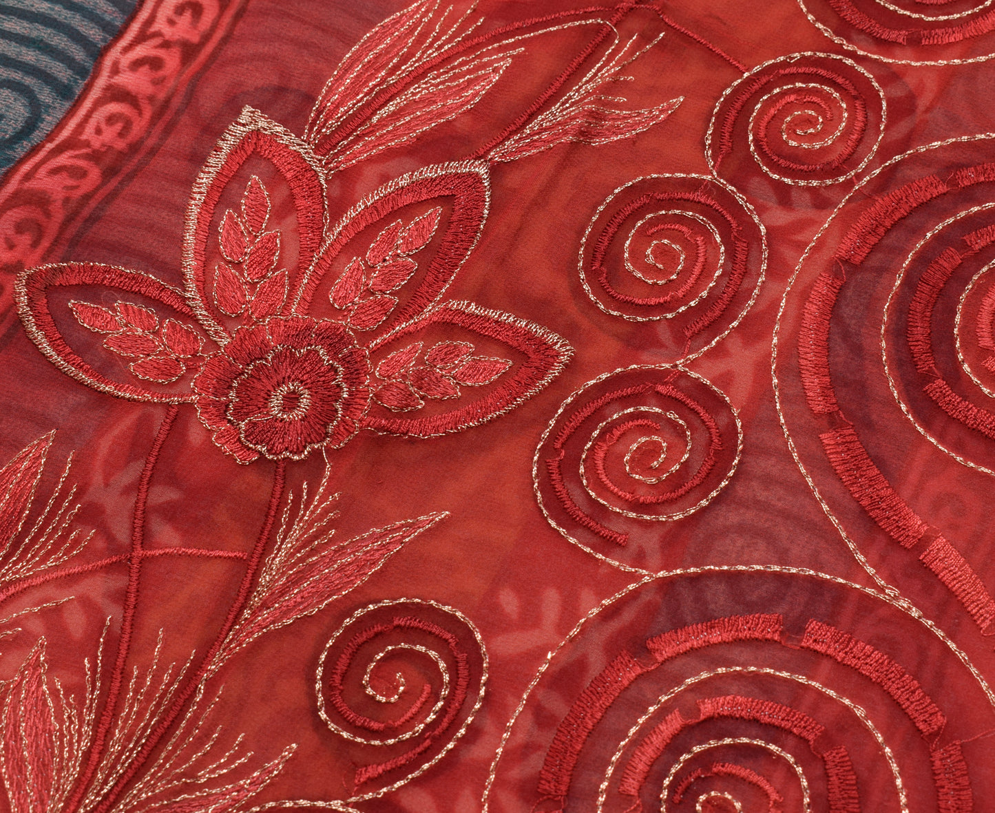 Sushila Vintage Saree Maroon 100% Pure Georgette Silk Embroidered  Sari Fabric