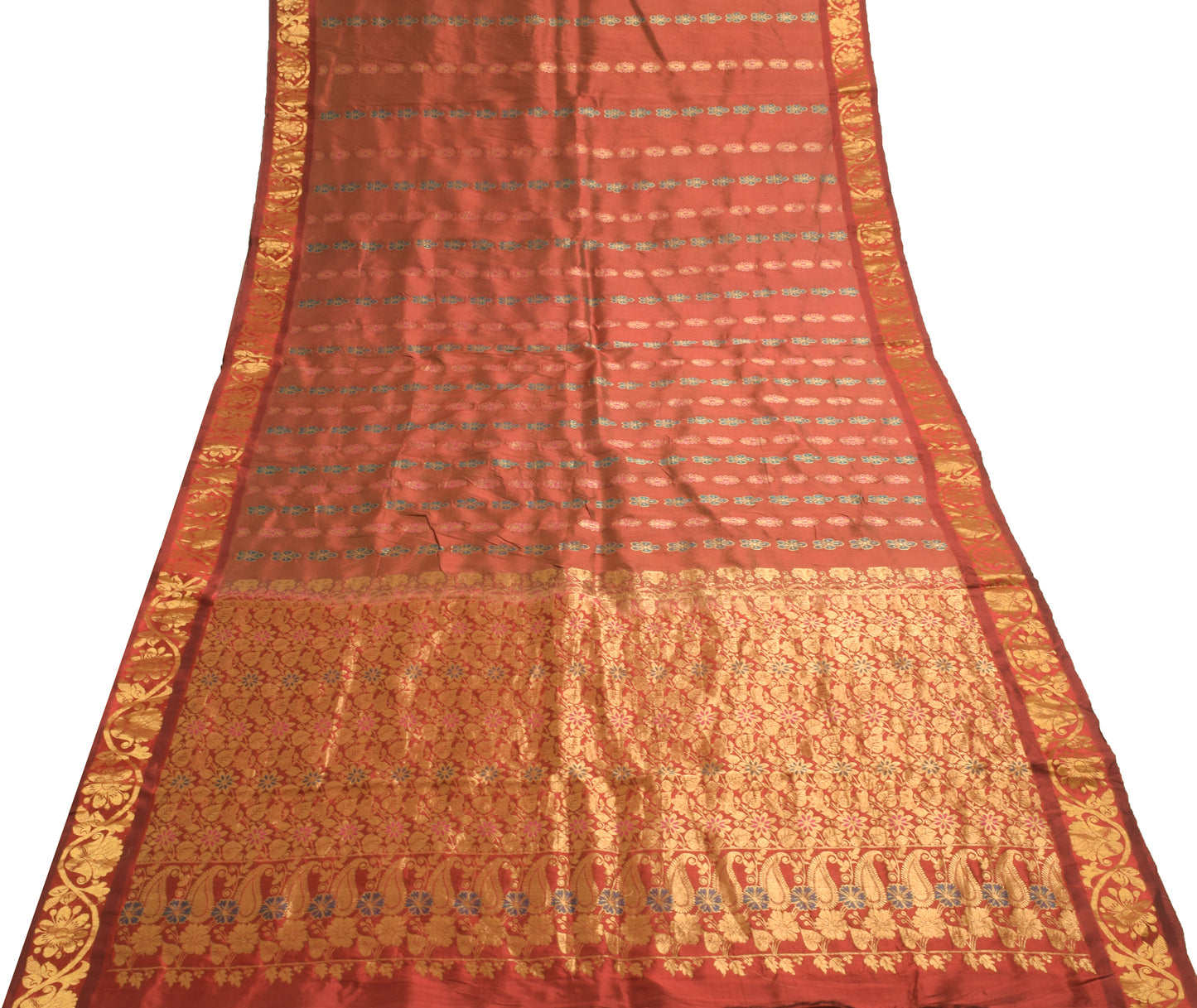 Sushila Vintage Maroon Pure Kanchipuram Silk Saree Gold Zari Brocade Sari Craft Fabric