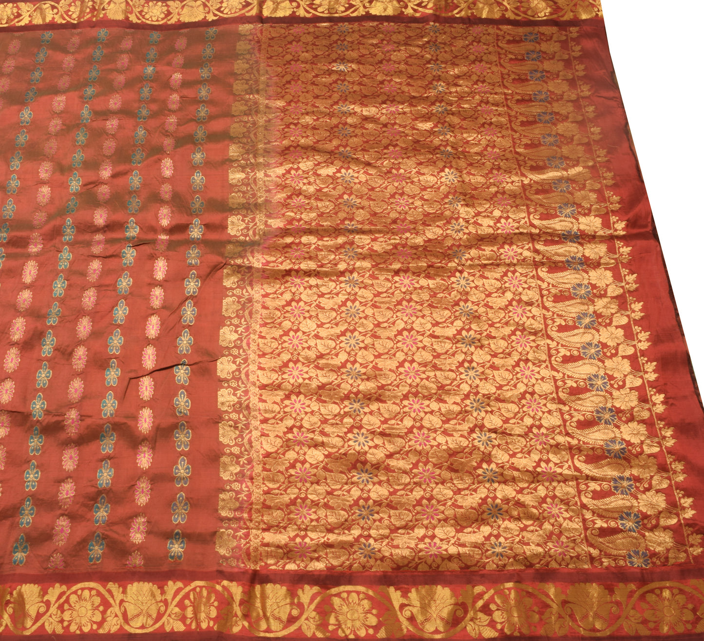 Sushila Vintage Maroon Pure Kanchipuram Silk Saree Gold Zari Brocade Sari Craft Fabric